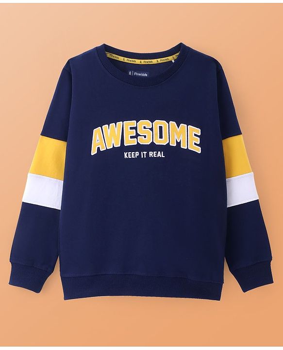 Pine Kids Cotton Knit Full Sleeves Sweatshirt With Text Print - Blue