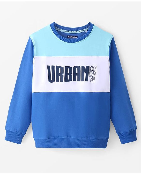Pine Kids Cotton Knit Full Sleeves Cut & Sew Sweatshirt With Text Design - Turquoise
