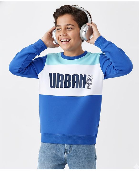 Pine Kids Cotton Knit Full Sleeves Cut & Sew Sweatshirt With Text Design - Turquoise