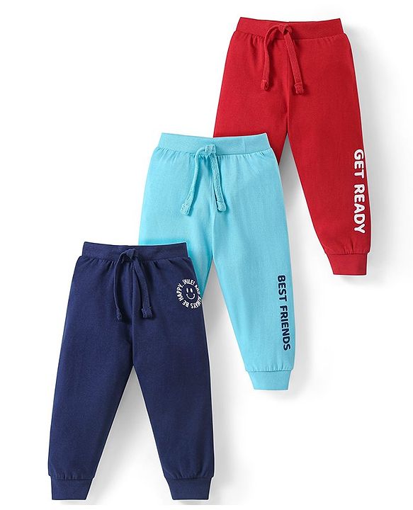 Babyhug Cotton Knit Full Length Lounge  Pants with Text Print Pack of 3 - Multicolour
