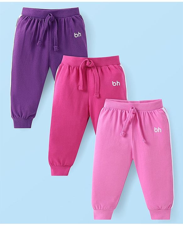 Babyhug Cotton Knit Full Length Solid Lounge Pants With Logo Print Pack of 3 - Violet Dark Pink & Pink