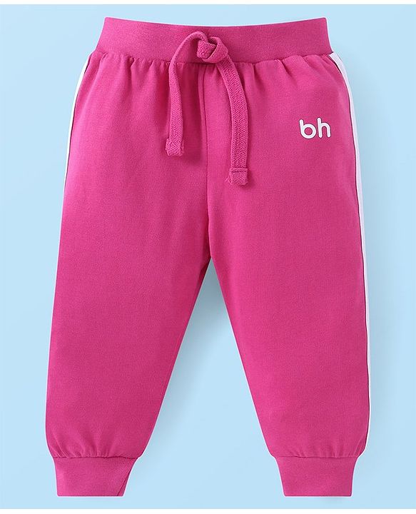 Babyhug Cotton Knit Full Length Solid Lounge Pants With Logo Print Pack of 3 - Violet Dark Pink & Pink