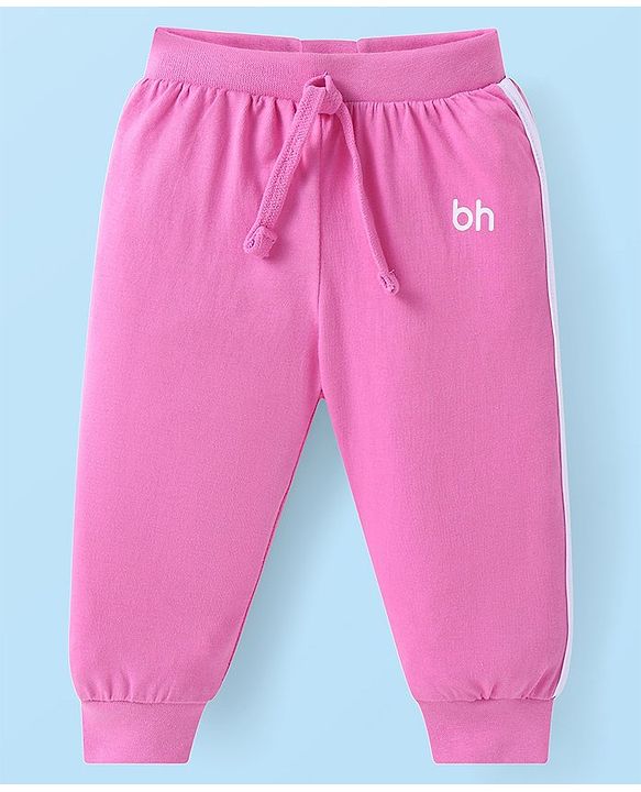 Babyhug Cotton Knit Full Length Solid Lounge Pants With Logo Print Pack of 3 - Violet Dark Pink & Pink