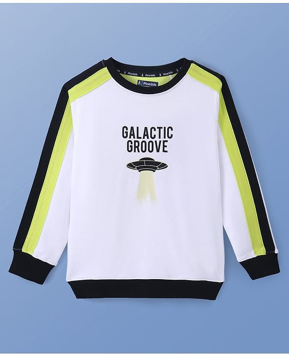 Pine Kids Cotton Knit Full Sleeves Sweatshirt with Stripes & Space Theme Print - White