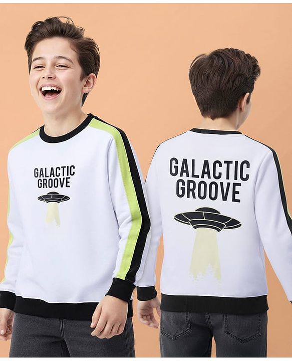 Pine Kids Cotton Knit Full Sleeves Sweatshirt with Stripes & Space Theme Print - White
