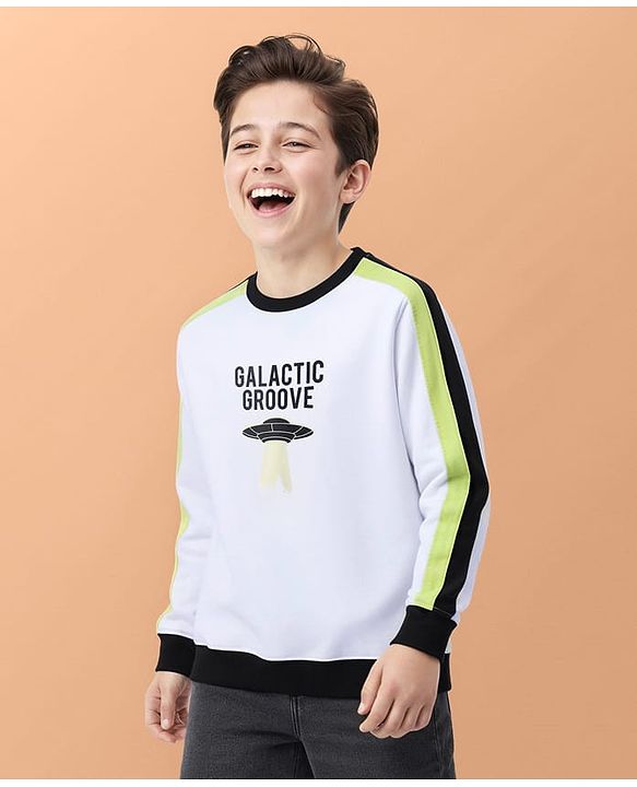 Pine Kids Cotton Knit Full Sleeves Sweatshirt with Stripes & Space Theme Print - White