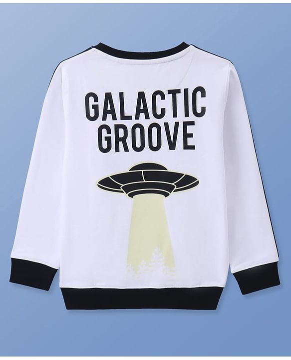 Pine Kids Cotton Knit Full Sleeves Sweatshirt with Stripes & Space Theme Print - White