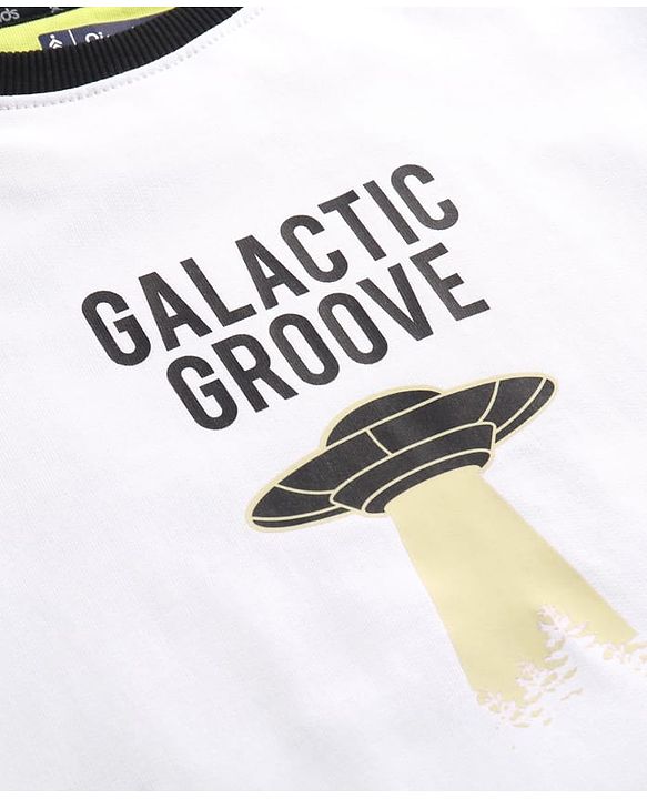 Pine Kids Cotton Knit Full Sleeves Sweatshirt with Stripes & Space Theme Print - White