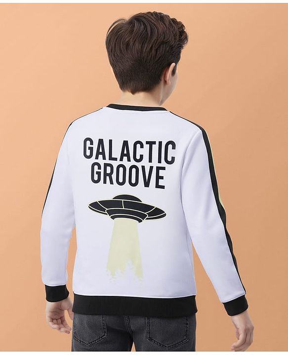 Pine Kids Cotton Knit Full Sleeves Sweatshirt with Stripes & Space Theme Print - White