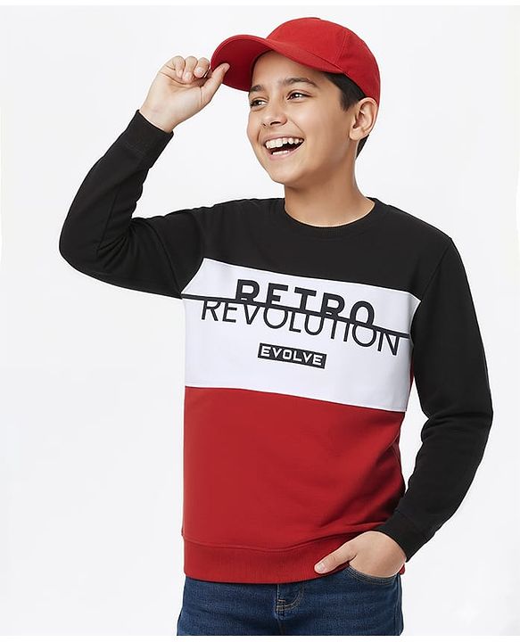 Pine Kids Knit Full Sleeves Sweatshirt Text Print - Red & Black