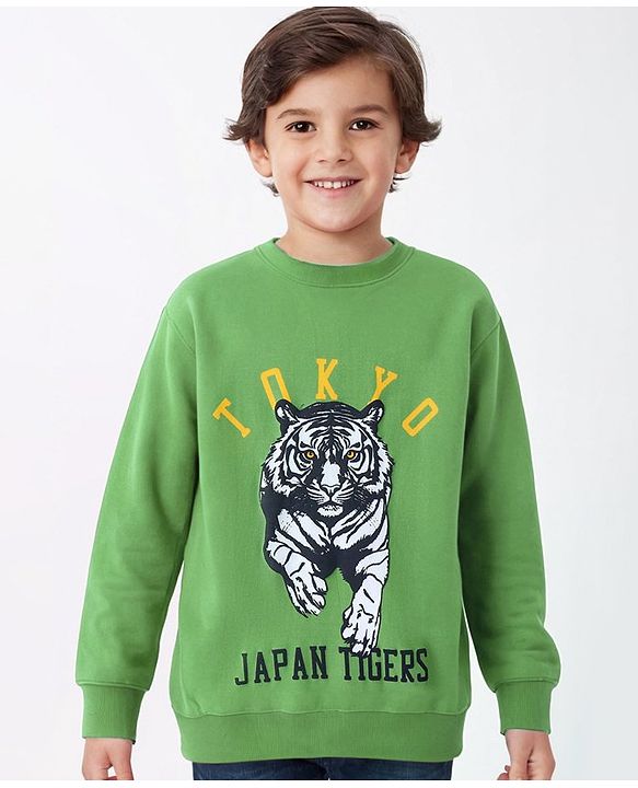 Pine Kids Cotton Full Sleeves Sweatshirt Tiger & Text Print - Green
