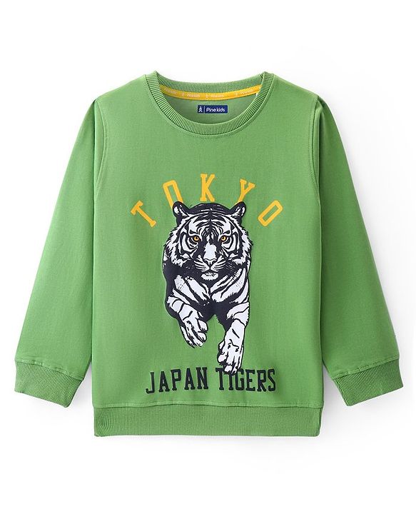 Pine Kids Cotton Full Sleeves Sweatshirt Tiger & Text Print - Green