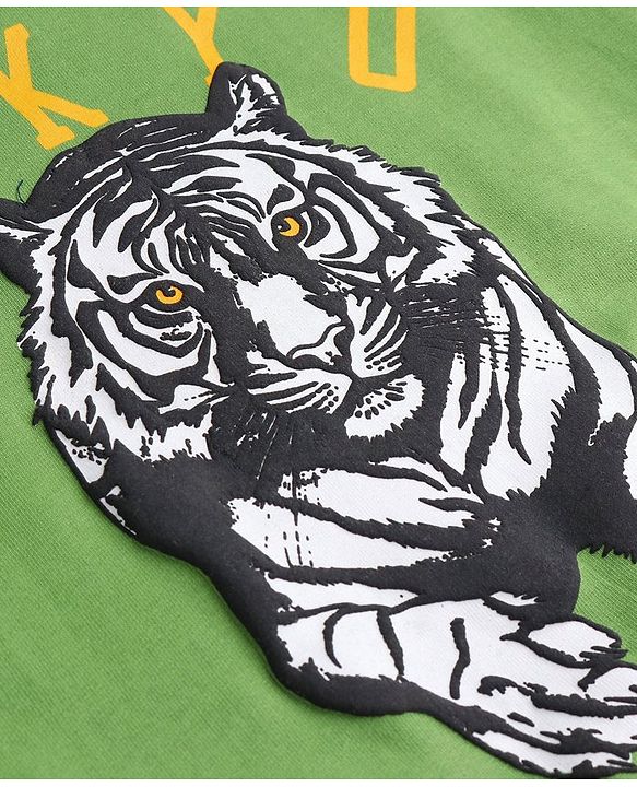 Pine Kids Cotton Full Sleeves Sweatshirt Tiger & Text Print - Green