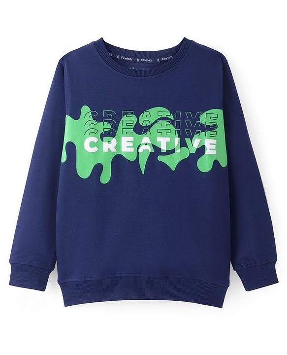 Pine Kids Cotton Knit Full Sleeves Sweatshirt With Text Print - Blue