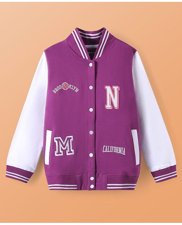Pine Kids Cotton Knit Full Sleeves Bomber Jacket With Text Embroidery - Purple & White
