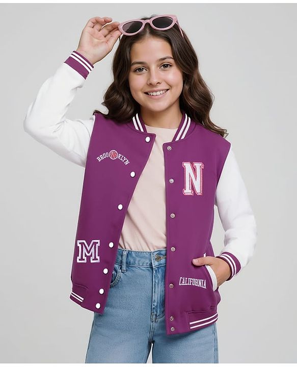 Pine Kids Cotton Knit Full Sleeves Bomber Jacket With Text Embroidery - Purple & White
