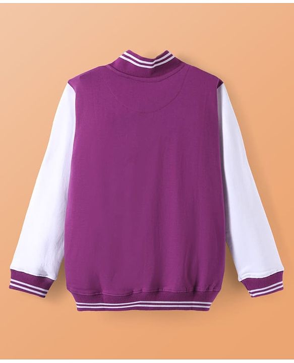 Pine Kids Cotton Knit Full Sleeves Bomber Jacket With Text Embroidery - Purple & White