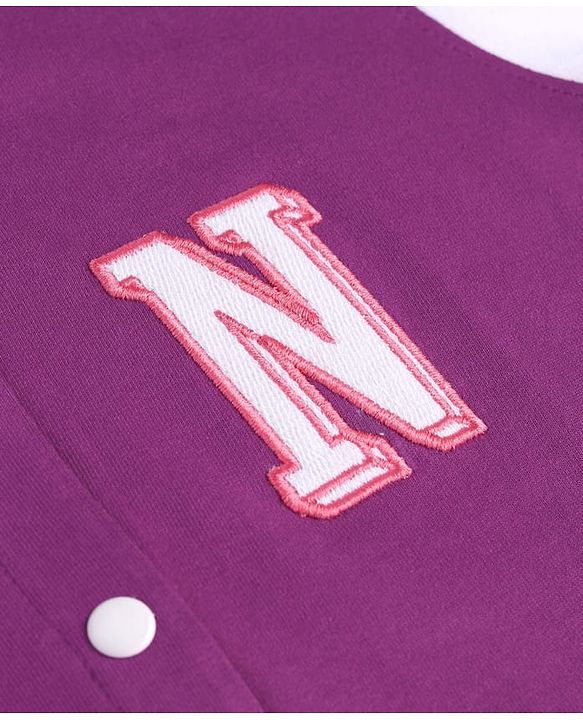 Pine Kids Cotton Knit Full Sleeves Bomber Jacket With Text Embroidery - Purple & White