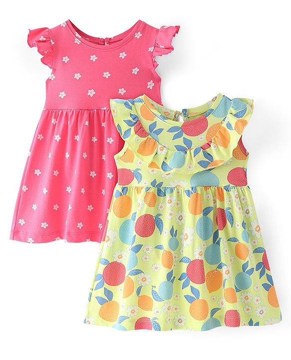 Babyhug Cotton Knit Cap Sleeves Frock with Floral Print Pack of 2 - Multicolour