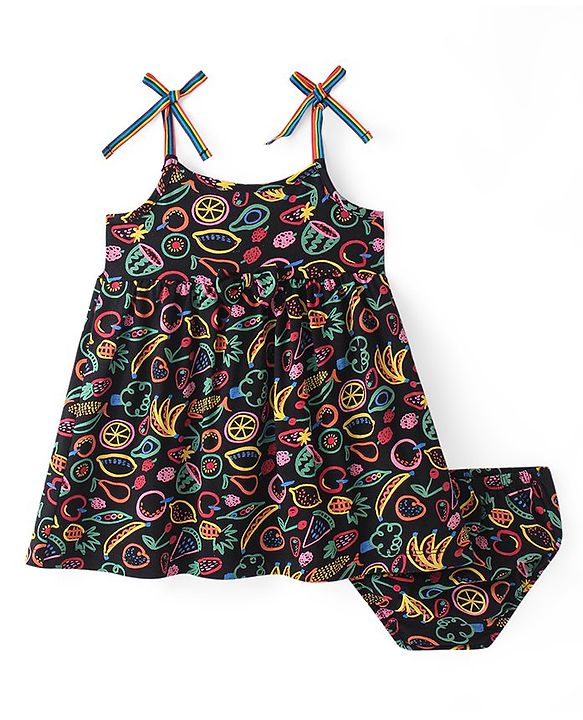 Babyhug Single Jersey Sleeveless Frock with Bloomer & Fruit Print - Navy Blue