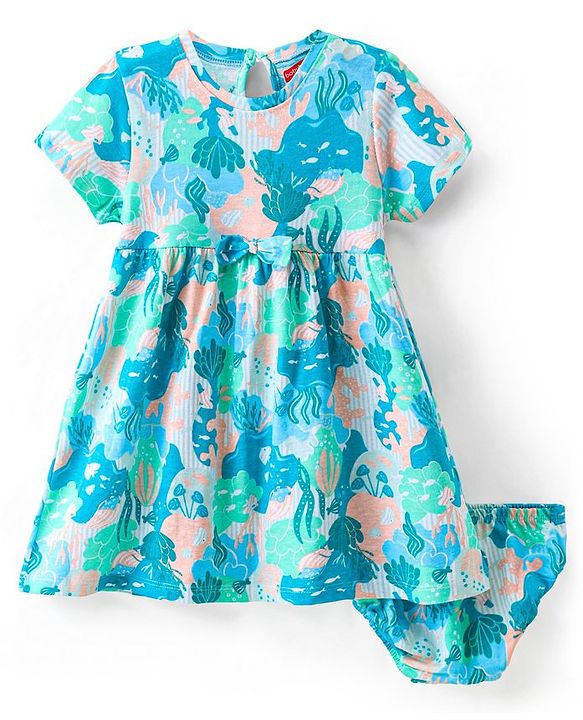 Babyhug Cotton Knit Half Sleeves Frock with Bloomer Tropical Print - Multicolour