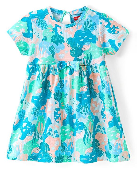 Babyhug Cotton Knit Half Sleeves Frock with Bloomer Tropical Print - Multicolour