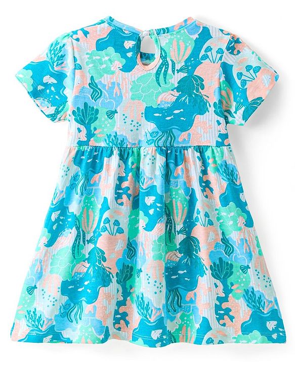 Babyhug Cotton Knit Half Sleeves Frock with Bloomer Tropical Print - Multicolour