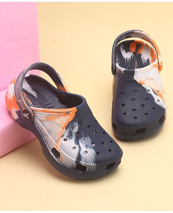 Pine Kids Slip On Marble Print Clogs with Back Strap - Navy & White