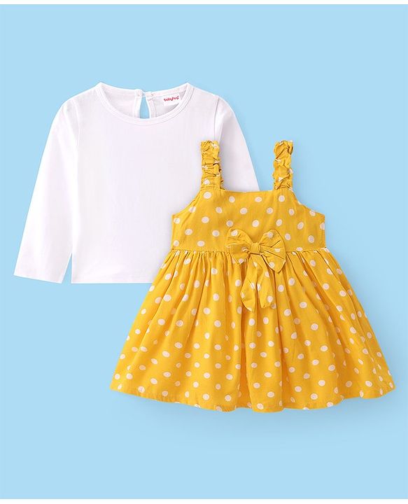 Babyhug Rayon Woven Frock Polka Dot With Full Sleeves Solid T-Shirt - Yellow & White