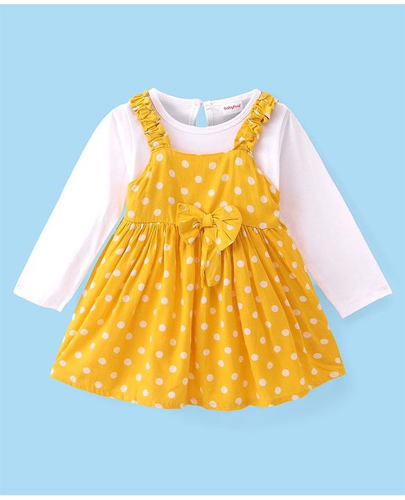 Babyhug Rayon Woven Frock Polka Dot With Full Sleeves Solid T-Shirt - Yellow & White