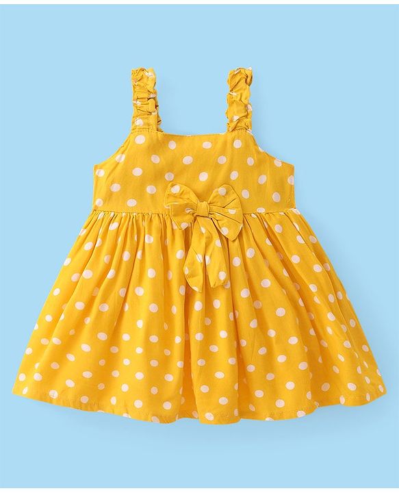 Babyhug Rayon Woven Frock Polka Dot With Full Sleeves Solid T-Shirt - Yellow & White