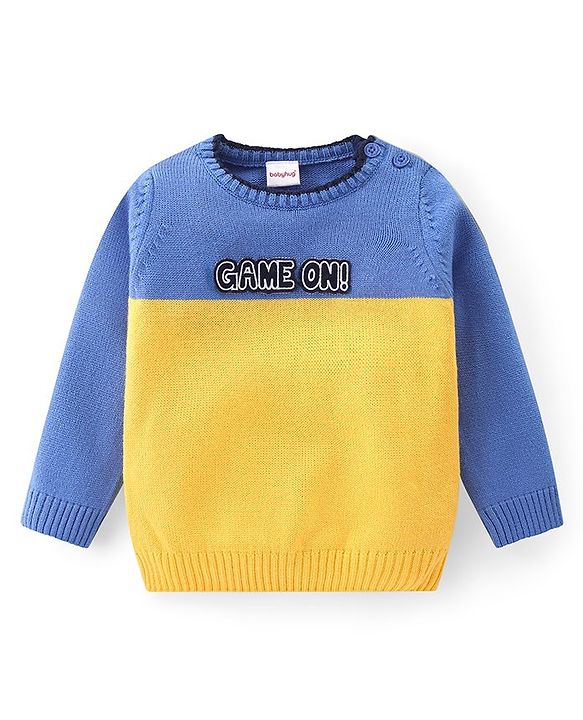 Babyhug Knitted Full Sleeves Sweater Set with Colour Block Design & Patch Work Detailing - Yellow & Blue