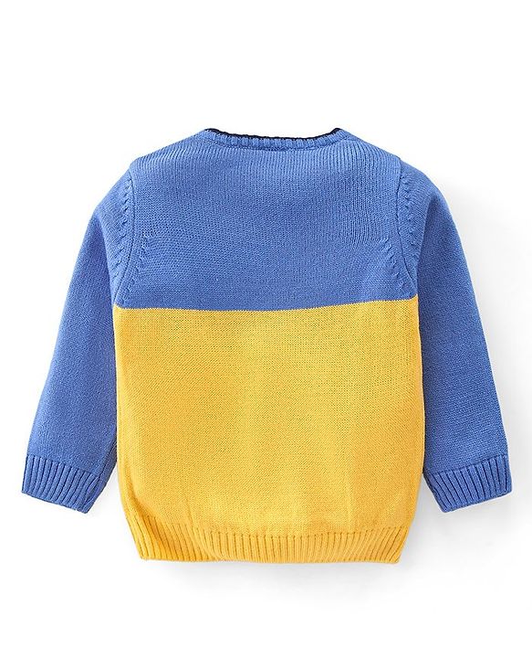 Babyhug Knitted Full Sleeves Sweater Set with Colour Block Design & Patch Work Detailing - Yellow & Blue