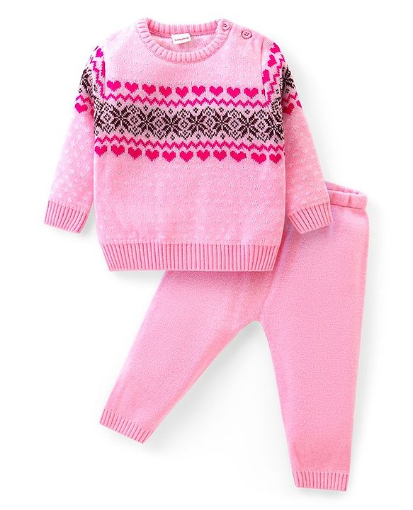 Babyhug Knitted Full Sleeves Pullover Sweater Set with Intarsia Design- Light Pink