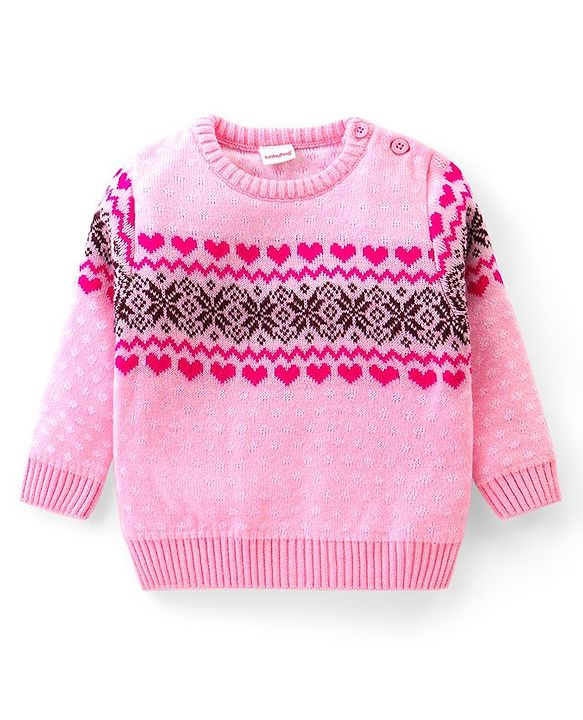 Babyhug Knitted Full Sleeves Pullover Sweater Set with Intarsia Design- Light Pink