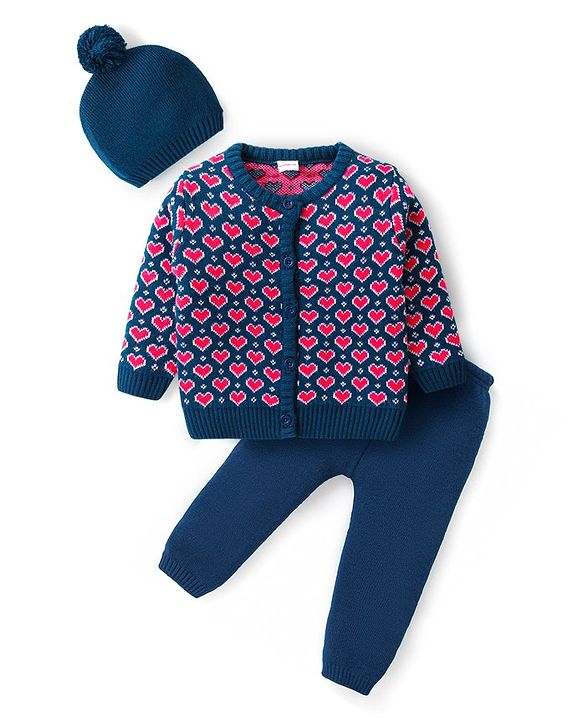 Babyhug Organic Cotton Knitted Full Sleeves Front Open Sweater Set with Cap & Hearts Design - Navy Blue