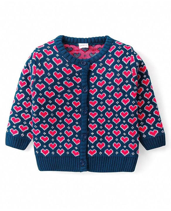 Babyhug Organic Cotton Knitted Full Sleeves Front Open Sweater Set with Cap & Hearts Design - Navy Blue