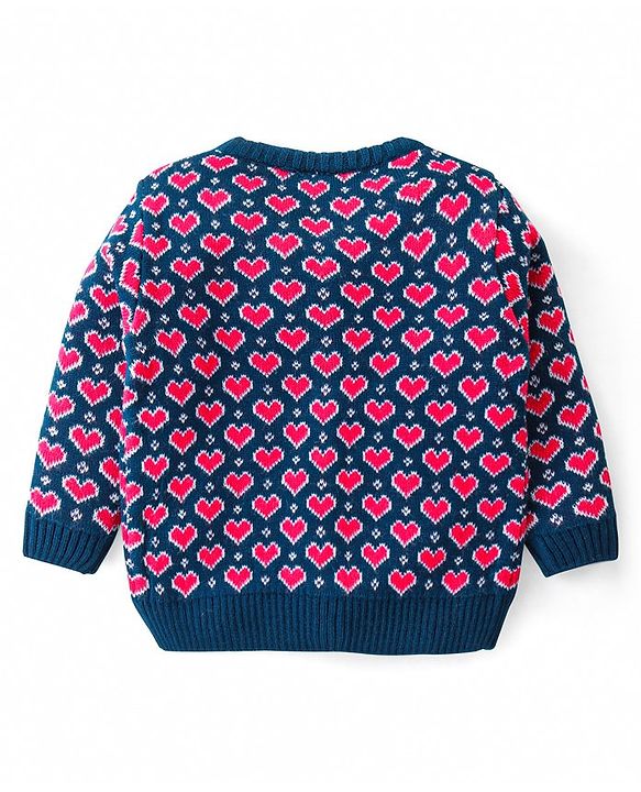 Babyhug Organic Cotton Knitted Full Sleeves Front Open Sweater Set with Cap & Hearts Design - Navy Blue