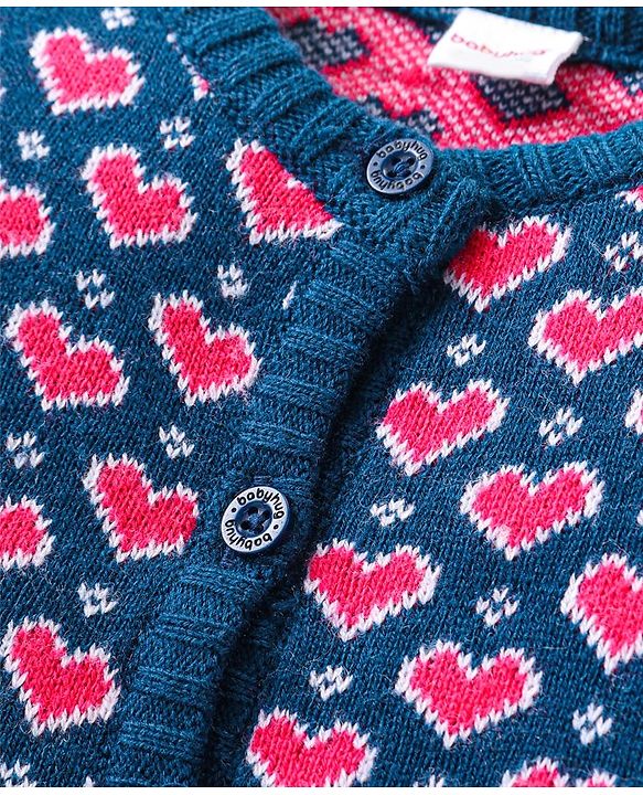 Babyhug Organic Cotton Knitted Full Sleeves Front Open Sweater Set with Cap & Hearts Design - Navy Blue