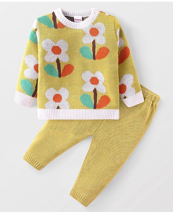Babyhug Knit Full Sleeves Sweater Set With Floral Design - Multicolor