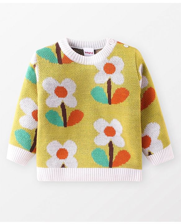 Babyhug Knit Full Sleeves Sweater Set With Floral Design - Multicolor
