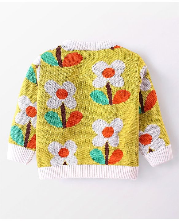 Babyhug Knit Full Sleeves Sweater Set With Floral Design - Multicolor