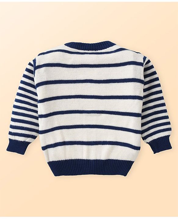 Babyhug Knitted Full Sleeves Striped Front Open Sweater Set with Pocket - Navy Blue & White