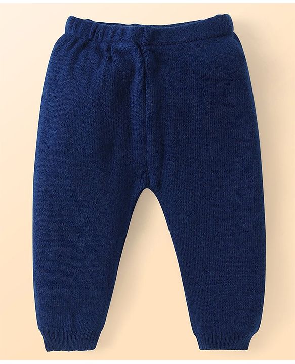 Babyhug Knitted Full Sleeves Striped Front Open Sweater Set with Pocket - Navy Blue & White