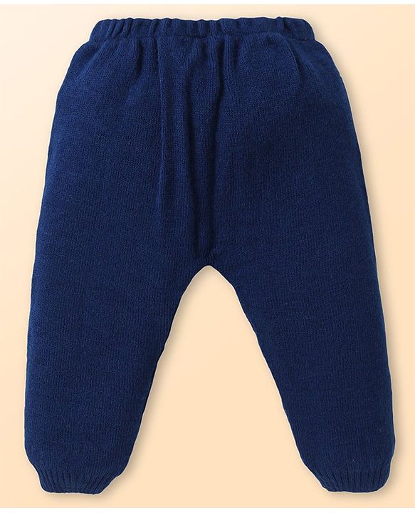 Babyhug Knitted Full Sleeves Striped Front Open Sweater Set with Pocket - Navy Blue & White