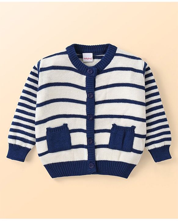 Babyhug Knitted Full Sleeves Striped Front Open Sweater Set with Pocket - Navy Blue & White