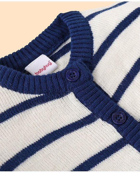 Babyhug Knitted Full Sleeves Striped Front Open Sweater Set with Pocket - Navy Blue & White