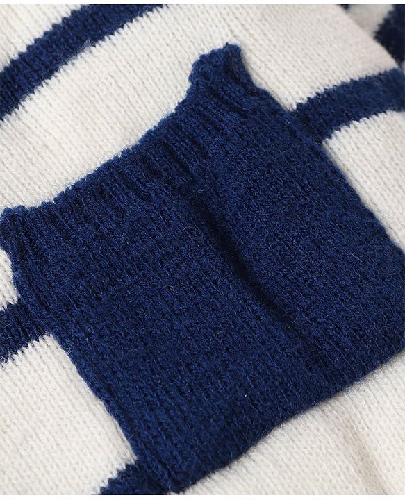 Babyhug Knitted Full Sleeves Striped Front Open Sweater Set with Pocket - Navy Blue & White