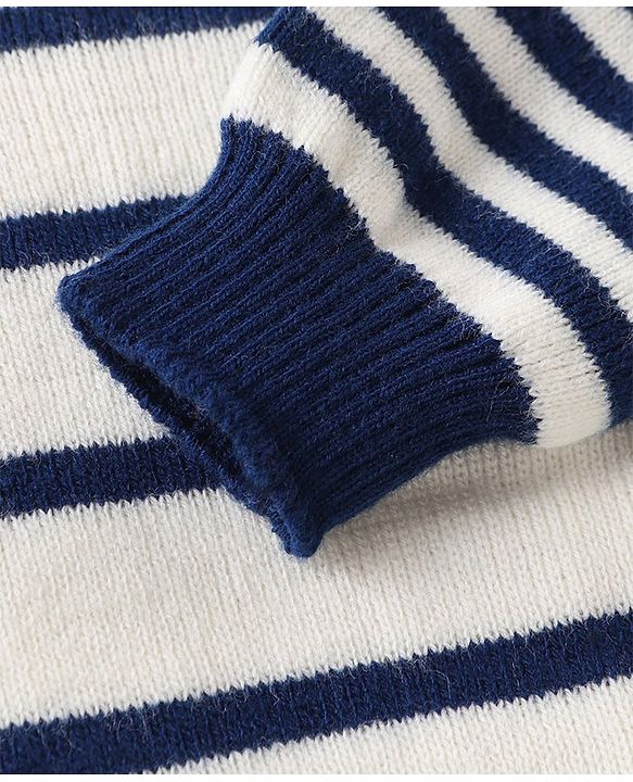 Babyhug Knitted Full Sleeves Striped Front Open Sweater Set with Pocket - Navy Blue & White