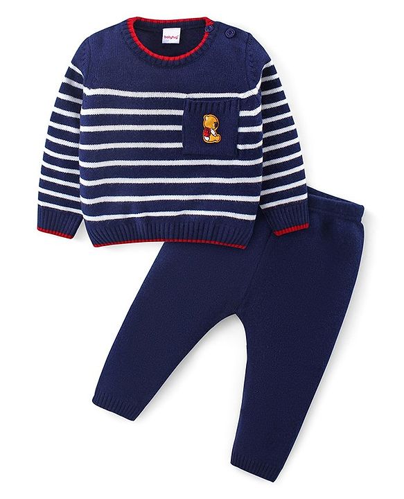 Babyhug Knitted Full Sleeves Striped Pullover Sweater Set - Navy Blue